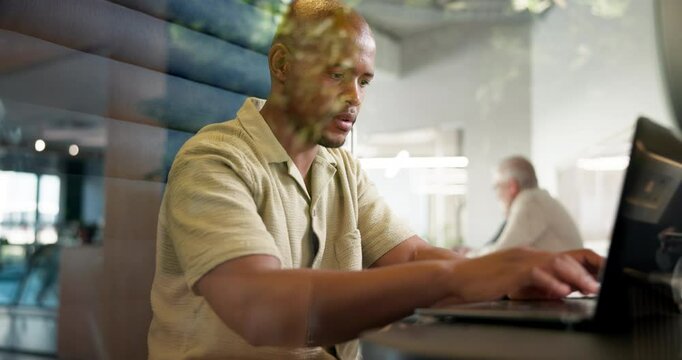 Online, employee and man with laptop, cubicle or update for financial report, accountant and typing. Serious, bookkeeper and black person with tech for investment, booth and privacy for research