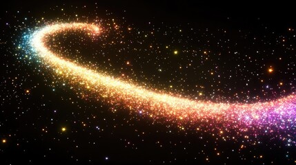 A swirling, colorful trail of glittering particles against a dark background.