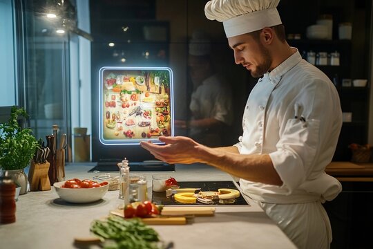 Chef engages with holographic recipe book while preparing meals in a modern kitchen
