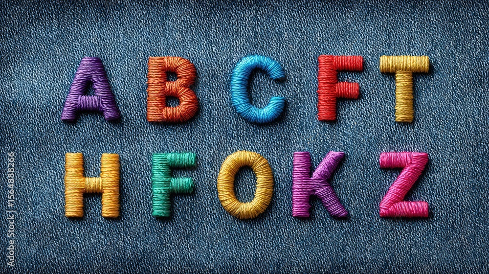 Poster alphabet letters a to z stitched in colorful thread on denim fabric, close-up with textured backgrou