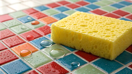 Colorful Mosaic Tile Surface with Water Droplets and a Yellow Sponge Close Up Cleanliness and Freshness in Detail