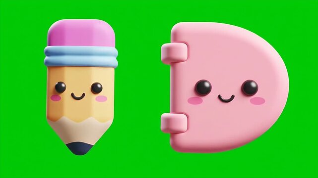 Charming Pencil and Pink Notebook Character in 3D Animation Isolated on Green Screen Background Perfect for Educational or Back To School Themes With Cute Design Style