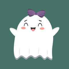 Ghost character with joyful expression and purple striped bow, on a green background, perfect for Halloween themes