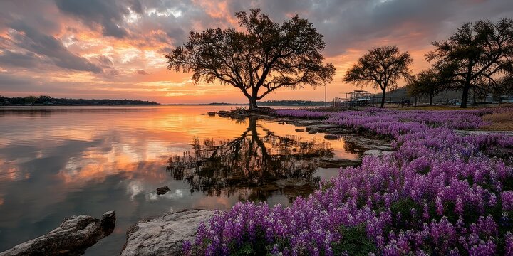 Vibrant sunset over a tranquil lake surrounded by blooming wildflowers and silhouetted trees - Powered by Adobe