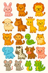 Obraz premium set of funny animals 동물 일러스트 세트 기린 말 뱀 양 호랑이 코끼리 돼지 