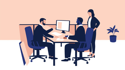 Two businessmen and a businesswoman in a meeting around a table with a computer and a plant pot