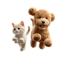 Cute playful kitten and fluffy puppy dog jumping together isolated on transparent background