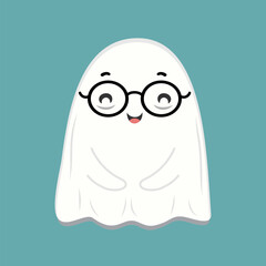 Happy ghost with glasses and a smile, shown on a flat teal background, fun and friendly Halloween concept