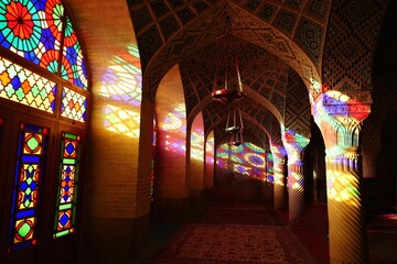 Colorful stained glass in Nasir al-Mulk Mosque.