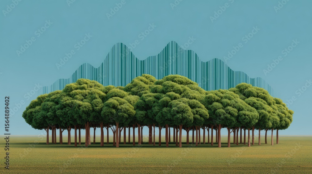 Poster a row of trees forming a barcode, visual metaphor for nature being consumed and the need for conserv