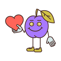 Plum character half turn holding heart and smiling
