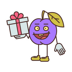 Plum character half turn holding gift box and smiling