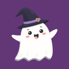 Happy ghost character wearing a witch hat, playful flat style, purple background, Halloween fun for kids