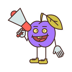 Plum character half turn holding megaphone and smiling