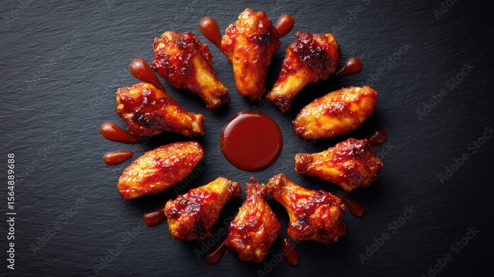 Poster barbecue chicken wings arranged in a circular pattern on a dark surface with bbq sauce drizzled arou