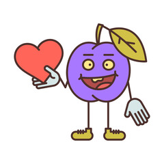 Plum character holding heart and smiling