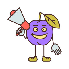Plum character holding megaphone and smiling