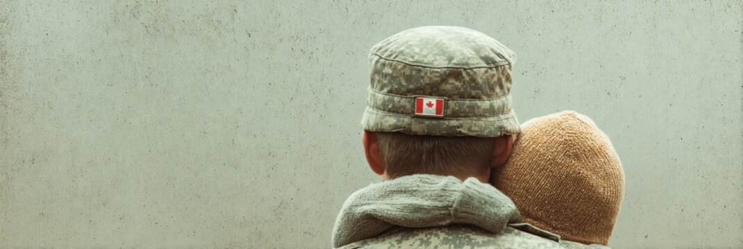 Emotional reunion of Canadian soldier in uniform with flag patch hugging family member at homecoming, symbolizing loyalty and national pride for veteran support