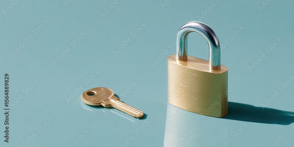 Poster Levitation Bronze Lock and Key Over Azure Surface Symbolizing Secure Technology and Trust in Modern Privacy and Safety Solutions