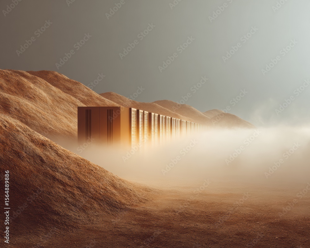Poster Futuristic Data Center in Desert Landscape with Mist and Modern Server Racks - Minimalist Tech Environment for Enterprise Solutions