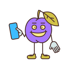 Plum character holding smartphone and smiling