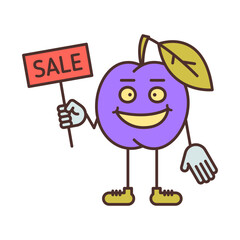 Plum character holding sign with inscription sale and smiling