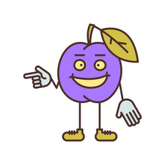Plum character points finger and smiling