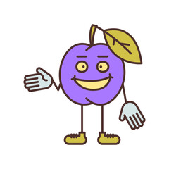Plum character points hand and smiling