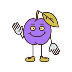 Plum character waves his hand and smiling