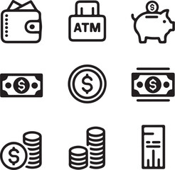 Bank ATM and Money Icon Set


