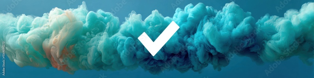 Aufkleber Bold Vote Button with White Check Mark on Vibrant Blue Cloud Background - Minimalist Social and Cultural Symbol for Polling and Approval Marketing