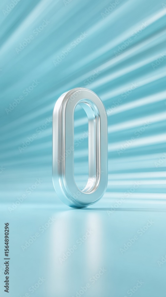 Poster Futuristic Metallic Number Zero on Radiant Light Blue Background with Dynamic Lines - Modern Digital Design and Tech Innovation Concept