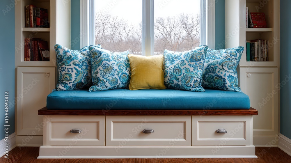 Poster built-in cabinet system surrounding a window seat, cozy functional furniture with room for overlay