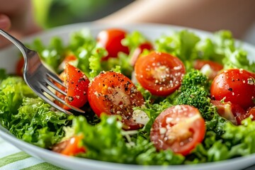 Diet concept: Happy Asian young woman using a fork to eat a tomato with fresh vegetables and green salad, eating nutritious food for weight loss, Generative AI