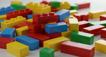 Obraz premium Colorful Plastic Building Blocks Scattered on a White Surface