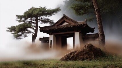 Fototapeta premium Ancient Ink Wash Temple Gate Hidden in Morning Fog
