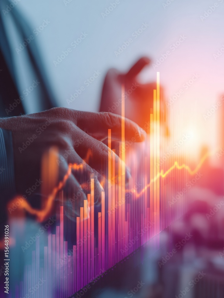 Poster Financial Advisor Presenting Digital Analytics with Growth Charts and Data Visualization in Modern Office for Investment Strategy and Wealth Management