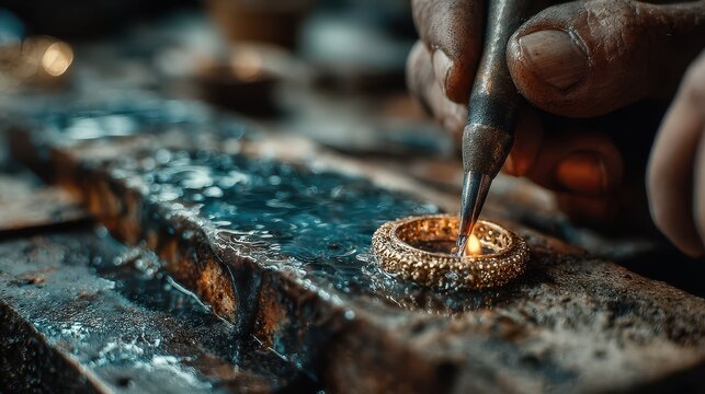 Artisan craftsman meticulously creating a gold ring in a jewelry workshop filled with tools and materials