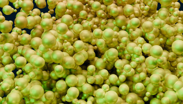 A dense cluster of luminous yellow-green spheres on a dark background. 3D rendering