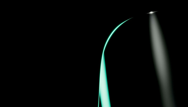 Abstract green and black light trails create a dynamic, futuristic design on a dark background. 3D rendering