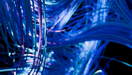 Neon blue and purple strands intertwine, creating a dynamic and futuristic abstract pattern. 3D rendering