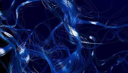Abstract blue light trails intertwined against a dark background. 3D rendering