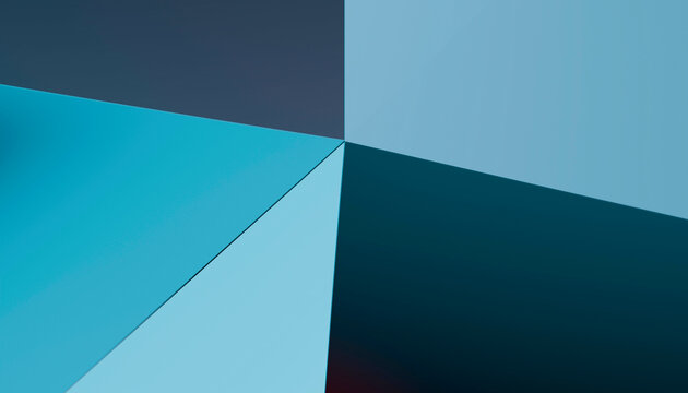 Geometric abstract art with intersecting shades of blue gradient shapes. 3D rendering
