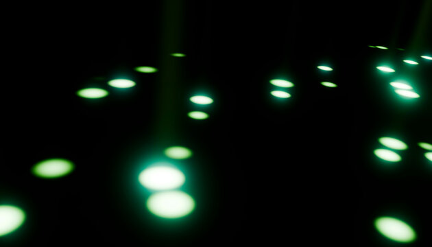 Abstract glowing green dots floating in a dark background. 3D rendering