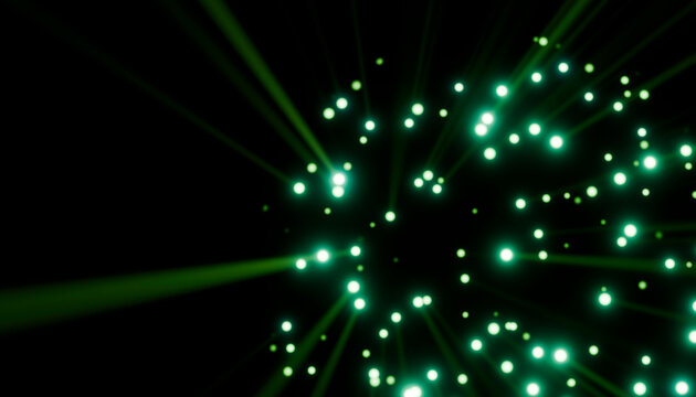 Glowing green lights and beams radiate outward on a black background. 3D rendering