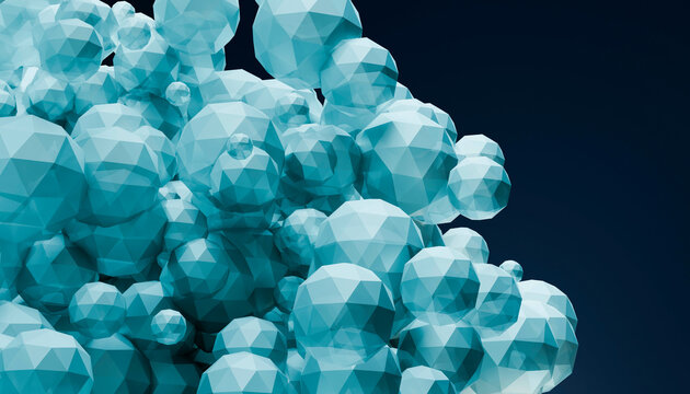 Geometric pattern of blue low-poly spheres overlapping each other. 3D rendering
