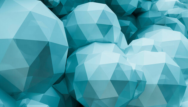 Geometric pattern of blue low-poly spheres overlapping each other. 3D rendering