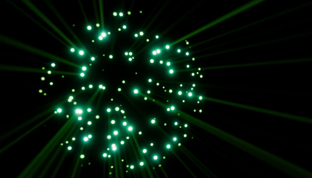 Glowing green lights radiate in a circular pattern on a dark background. 3D rendering