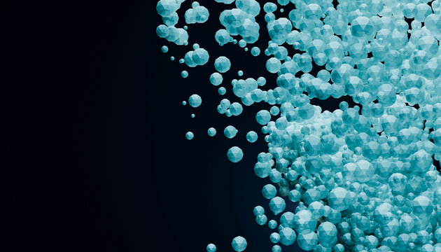 Abstract clusters of translucent blue spheres against a dark background. 3D rendering
