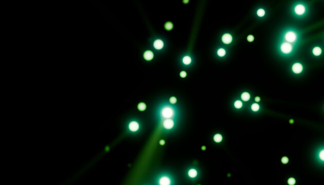 Glowing green lights scattered against a dark background. 3D rendering